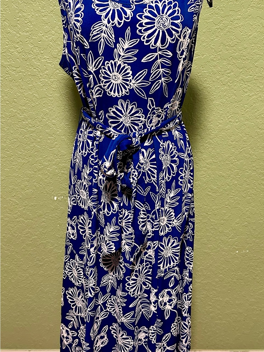 Nina Leonard Royal Blue Floral Tie-Waist Midi Dress